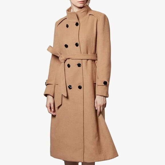 Camel Escalier Wool Trench Coat Winter Double-Breasted Jacket with Belts | Large - Picture 1 of 7